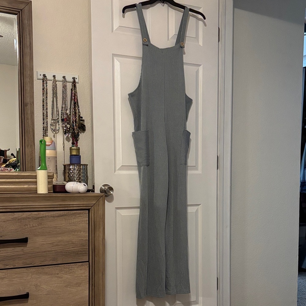 Women's Stretchy Ribbed Jumpsuit-Blue-Size 1X - Picture 4 of 9